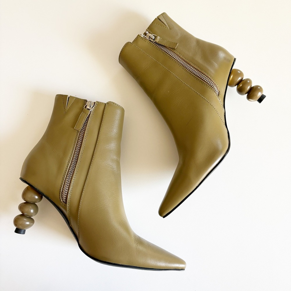 Caverley Womens Olga Olive Leather Sculpted Beaded Heel Zip Ankle Booties 38